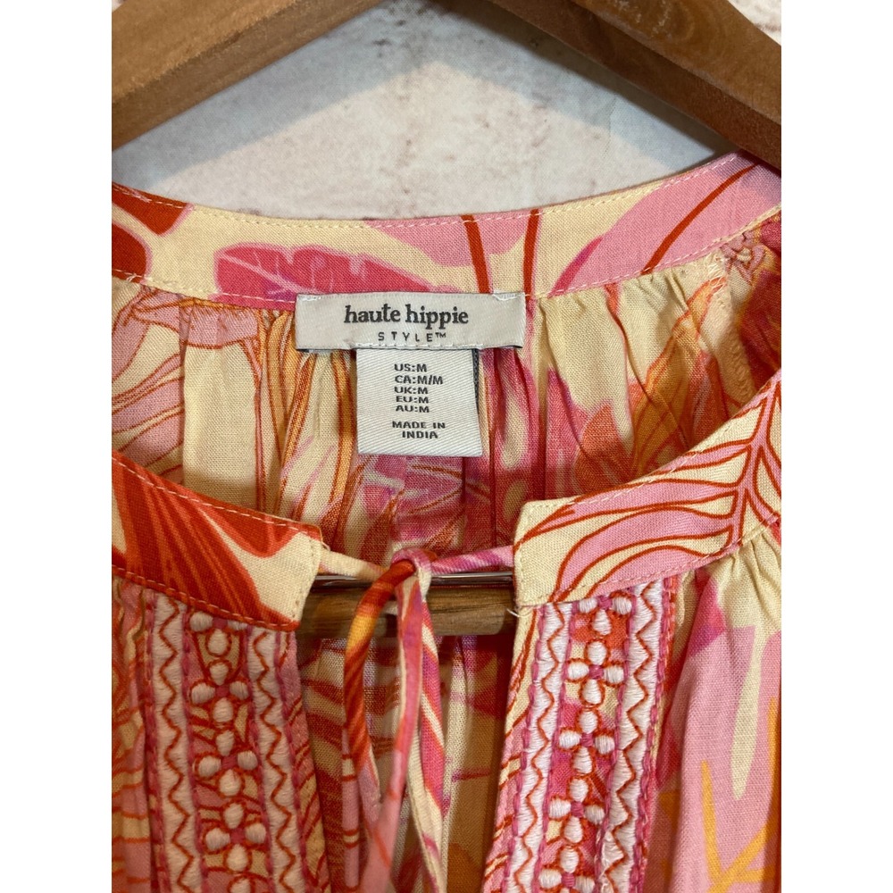 Haute Hippie Peasant Top Womens Medium Beaded Tassels Monstera Print Pink‎ Boho - Picture 2 of 14